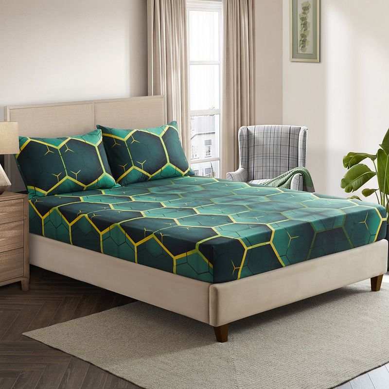 Set de lenjerie de pat geometric cu model fagure de miere verde, cearșaf cu montare din poliester, imprimat 3D, decor modern pentru casă, material anti-ride, opțiuni de dimensiune Queen King_voghion.com