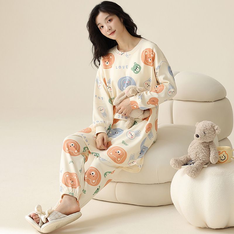 Pyjama für Damen im Frühling und Herbst, süße Winter-Hauskleidung mit Ärmeln aus reiner Baumwolle, neues Set 2023, mittellang bis lang_voghion.com