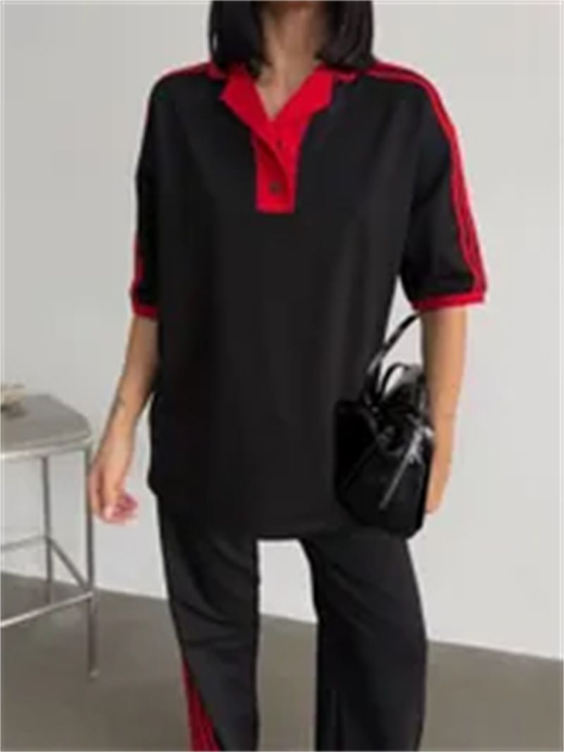 Damenbekleidung, modischer neuer Anzug in Kontrastfarbe, farblich passendes Poloshirt, kurzärmliges Oberteil, Schnürhose mit Streifen, zweiteiliger Anzug_voghion.com
