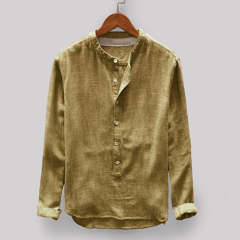 Camicia a maniche lunghe in cotone e lino tinta unita da uomo, 2025, C102_voghion.com