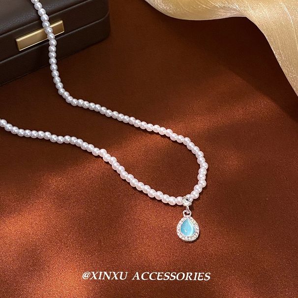 Französische blaue Tropfenperle 2024 Neues Stiltemperament, Persönlichkeit, Einfachheit, Nische, vielseitige High-End-Halskette_voghion.com