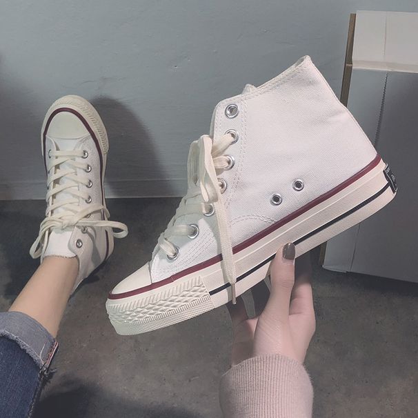 Sapatos de lona de cano alto, versão coreana, todos os sapatos de tabuleiro, novos sapatos femininos dos anos 1970, sapatos de pano, atacado, sapatos vulcanizados_voghion.com