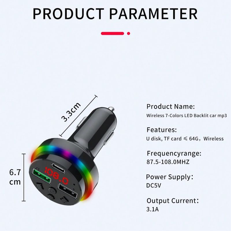 Car Charger Mobile Phone Charger Bluetooth Hands-free Call USB TYPE-C Port with Charging Function FM Transmission Frequency Colorful Ambient Light_voghion.com