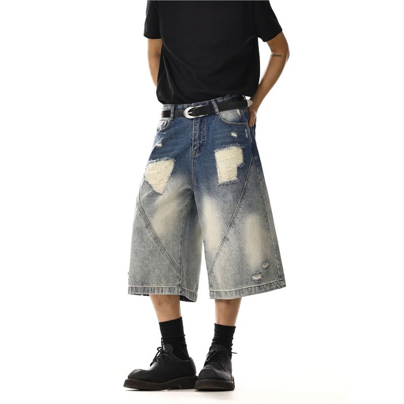 Washed Ripped Denim Shorts Men And Women Summer Straight Loose Wide Leg Pants_voghion.com