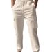 Four Seasons Cotton And Linen Casual Cuffs Multi Pocket Drawstring Solid Color Loose Large Size Trousers_voghion.com