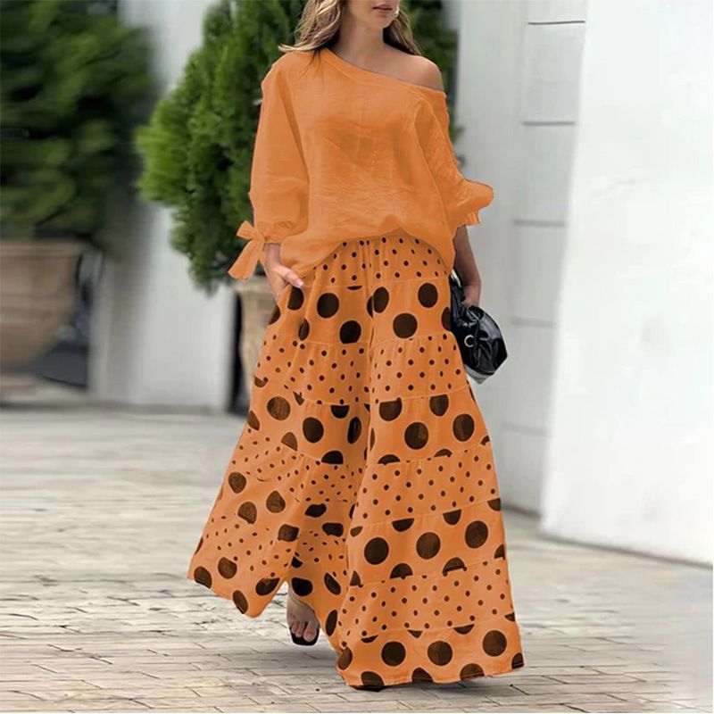 Ensemble 2 pièces de vêtements décontractés pour femmes avec pantalon imprimé sur les épaules_voghion.com