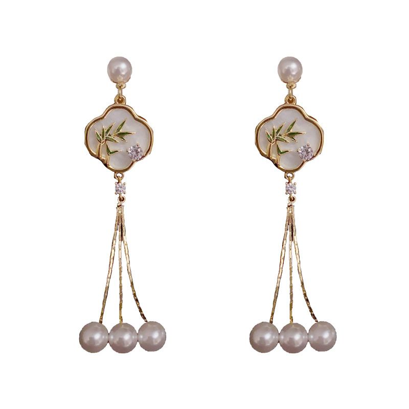 Nuovi orecchini a ventaglio in stile cinese con foglie di bambù - Design nazionale con nappe lunghe e perle | Accessori per le orecchie abbinati al cheongsam per le donne_voghion.com