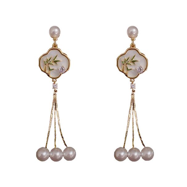 Nuovi orecchini a ventaglio in stile cinese con foglie di bambù - Design nazionale con nappe lunghe e perle | Accessori per le orecchie abbinati al cheongsam per le donne_voghion.com