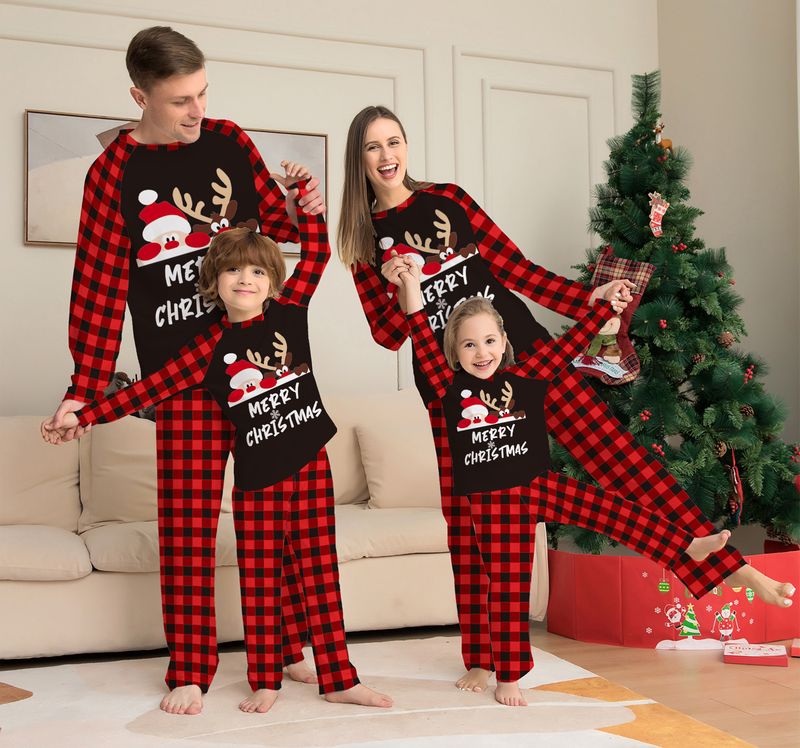 Weihnachtsbrief karierter Weihnachtsfamilienanzug bedruckter Heimkleid-Schlafanzug_voghion.com