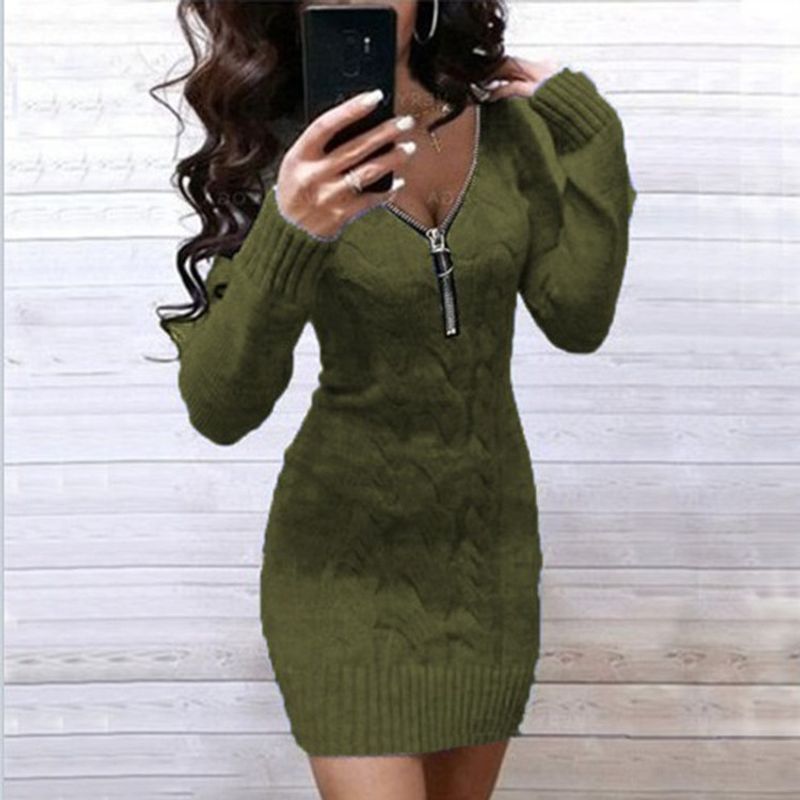 Women's zipper V-neck long-sleeved sweater knit coat base shirt mid-length dress_voghion.com