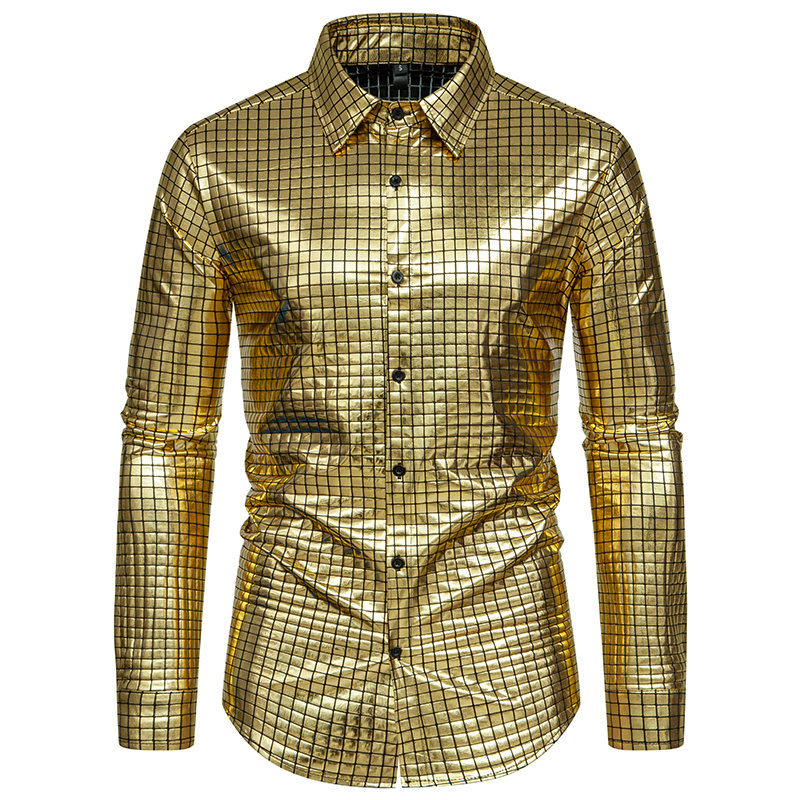 2024 Primavera / Estate Nuovo vestito da spettacolo teatrale con stampa in oro a scacchi e camicia a maniche lunghe da uomo di taglia europea_voghion.com