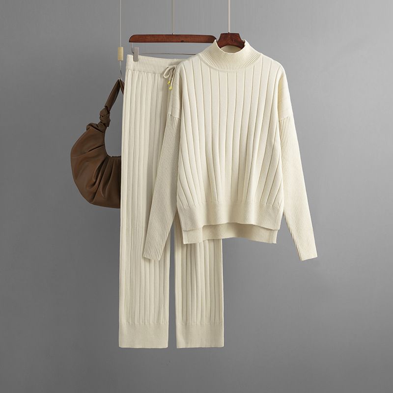 Ensemble pull à col roulé ajouré pour femmes, couleur unie, pull ample et chaud, ensemble deux pièces_voghion.com