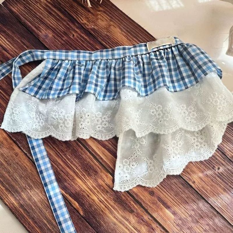 Girls' Sweet Lace Trim Layered Skirt Summer Baby Girl Cute Patchwork Blue Plaid Ruffle Cake Dress_voghion.com