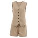 Damenbekleidung lässige Pendlerweste khaki V-Ausschnitt ärmellose Shorts Anzug_voghion.com