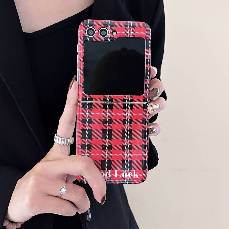 ins retro plaid plush lovely Samsung zflip5 folding applicable Galaxy zflip3/4 generation phone case_voghion.com