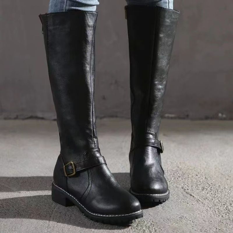 Solid color biker boots with large heel and long leg_voghion.com