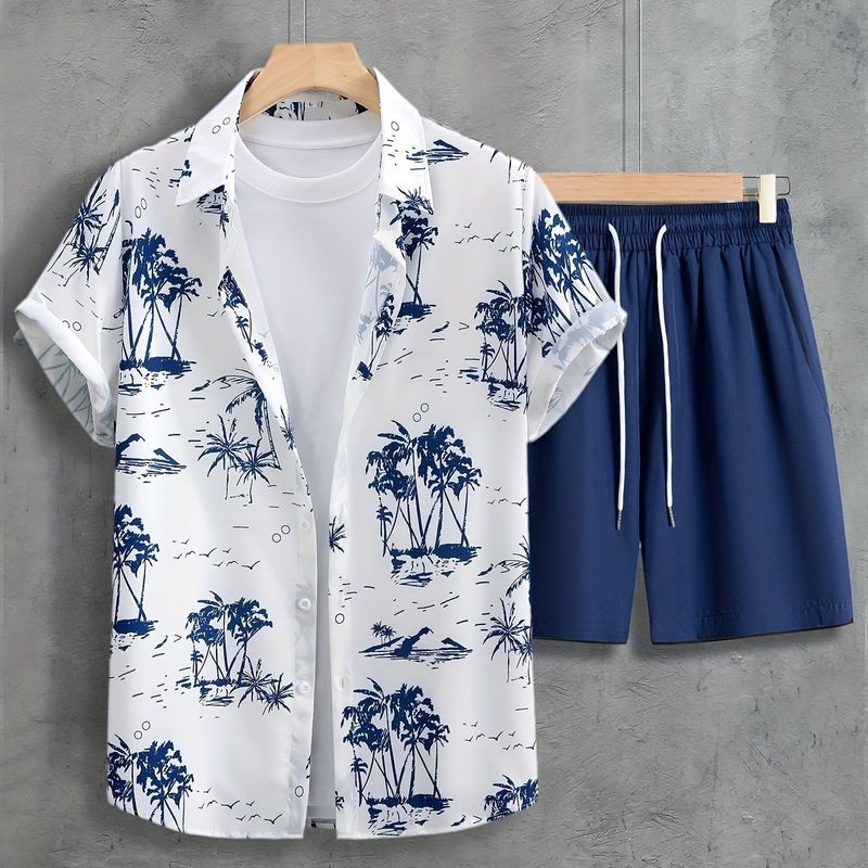 Completo da uomo con camicia a maniche corte e pantaloncini con stampa hawaiana - Completo casual in due pezzi con stampa 3D_voghion.com
