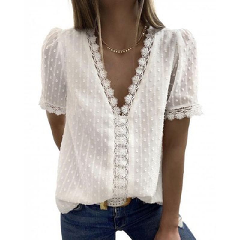 Damen-Chiffonhemd mit tiefem V-Ausschnitt und bestickter Spitze mit kurzen Ärmeln_voghion.com
