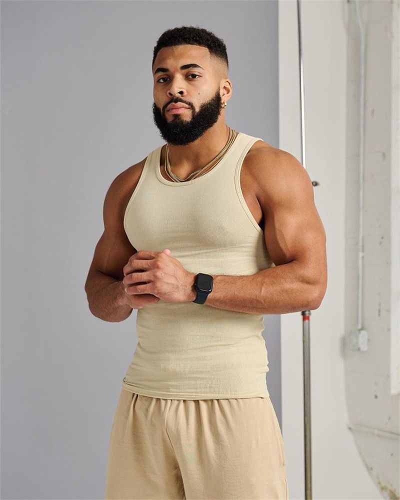 Vêtements pour hommes Été Tricoté Glace Soie Côtelé Fitness Sports Décontracté Slim Gilet pour hommes Hommes I Back_voghion.com