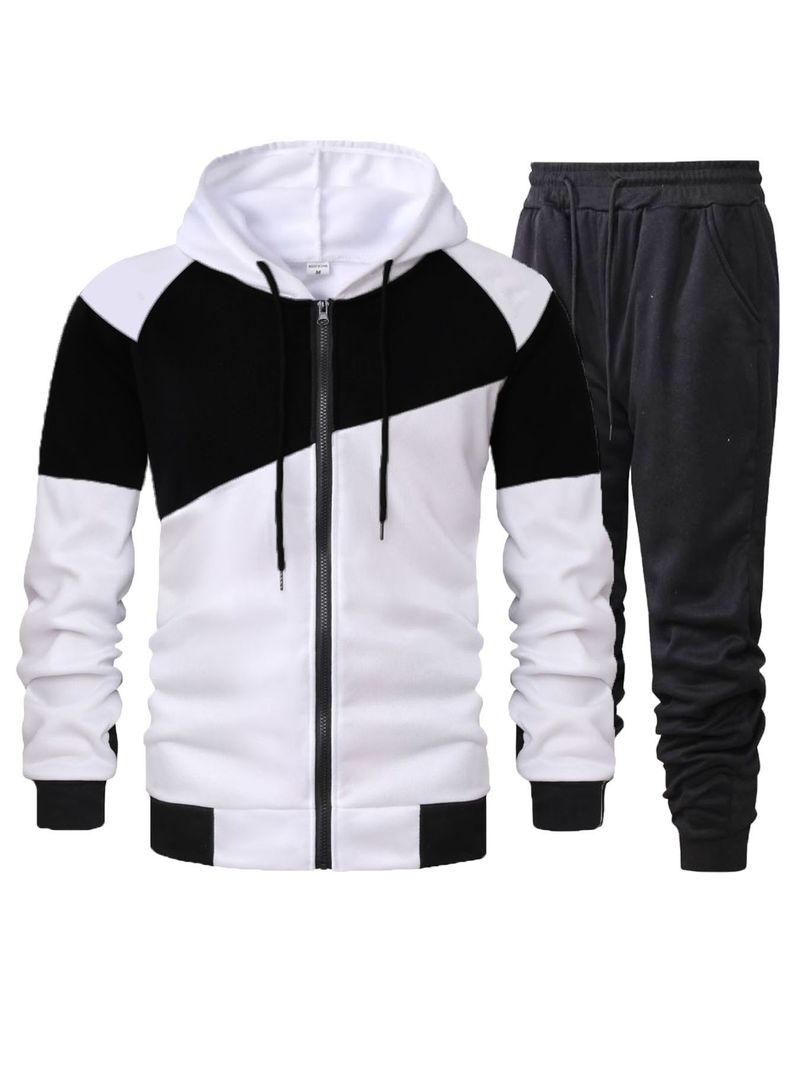 ​​Herren-Set aus Kapuzenjacke und Jogginghose im Colorblock-Design – Fleecegefütterter Trainingsanzug mit Reißverschluss und Kordelzug in der Taille​​_voghion.com