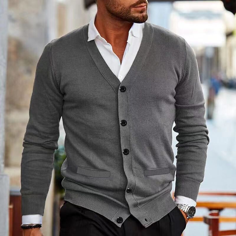 Herren Strickjacke mit V-Ausschnitt – Slim-Fit Langarmpullover (M-5XL) – Herbst/Winter Essential​_voghion.com