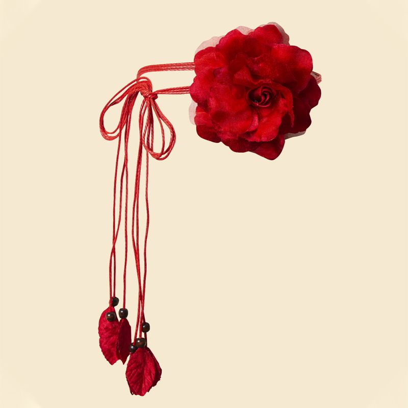 Lässiger, vielseitiger Chiffon-Gürtel mit großen Blumen für Damen, dünne Taillenkette mit süßem Knoten, koreanische Version der langen Quasten_voghion.com