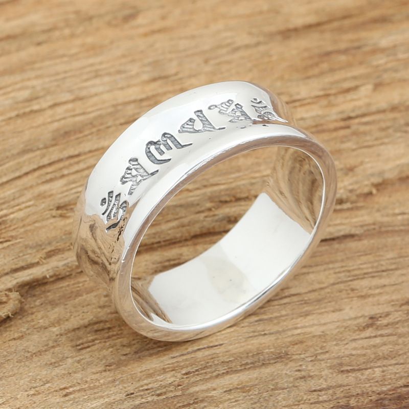 S999 Jewelry Handmade Trendy Thai Personality For Men Pure Silver Six-Word Mantra Ring_voghion.com