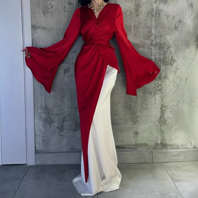 Damenbekleidung Rot Weiß Zweiteiliges Abendkleid Wickel-Midikleid_voghion.com