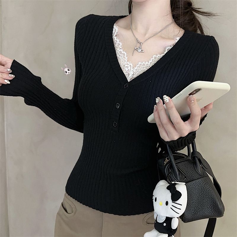 Maglione base in stile Pure Desire con patchwork di pizzo coreano per donna, autunno inverno, scollo a V, maglia a coste di alta qualità, interno_voghion.com