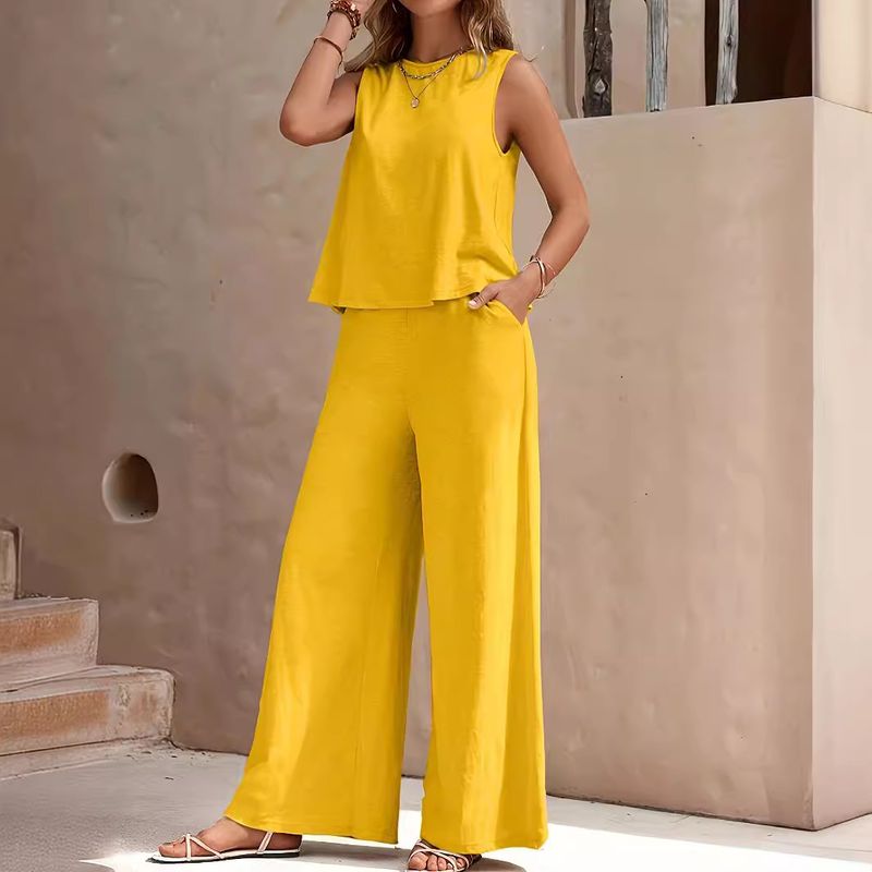 [Cotton Linen] Women's Casual Suit Loose Solid Color Shirt Trousers Two-piece Set_voghion.com