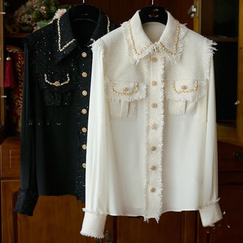 Camicia da donna in tweed scintillante con perline e risvolto in finta seta_voghion.com
