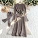 Damenbekleidung Elegantes Strickpulloverkleid mit Glockenärmeln, Locker sitzendes langes Tunikakleid für Damen, Herbst Winter Casual Boho Chic Style, Beige_voghion.com