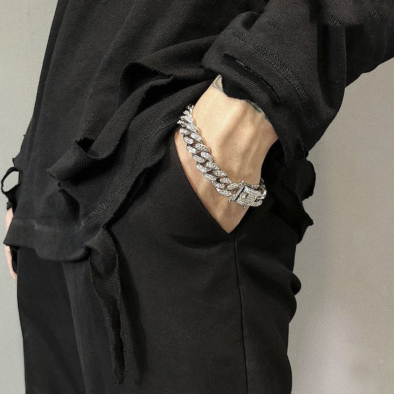Bracciale cubano puro Jackson Wang Hip Hop con diamanti incastonati, collana in argento dello stesso stile per uomo_voghion.com