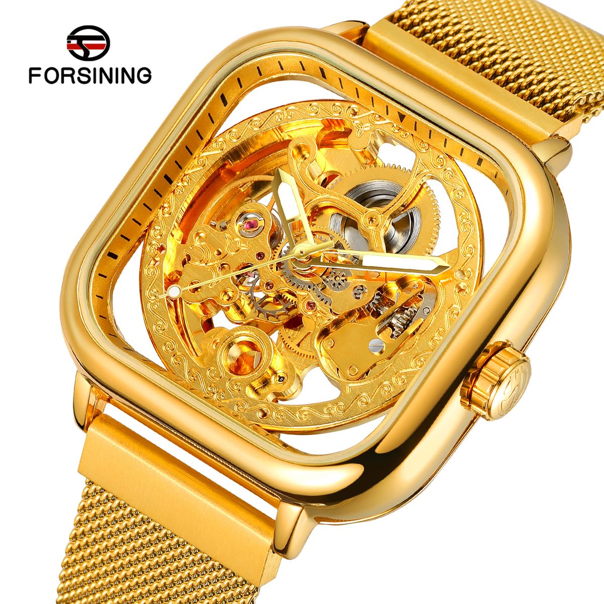 High-end FORSINING Designer Luxury Man Gold Watch Square Steel Skeleton Mechanical Clockwork Elegant Business Male Wrist Watch_voghion.com