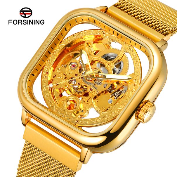 High-end FORSINING Designer Luxury Man Gold Watch Square Steel Skeleton Mechanical Clockwork Elegant Business Male Wrist Watch_voghion.com