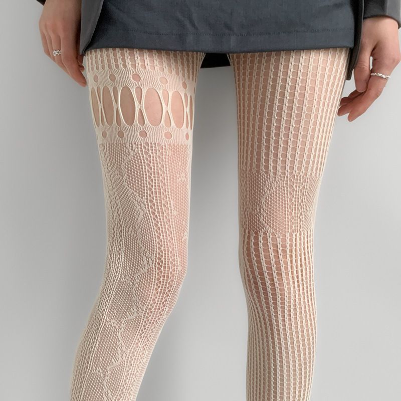 New Niche Gray Hollow Fishing Net Socks Y2k Spicy Lace Patchwork Stockings Versatile Girls Ab Style Pantyhose_voghion.com