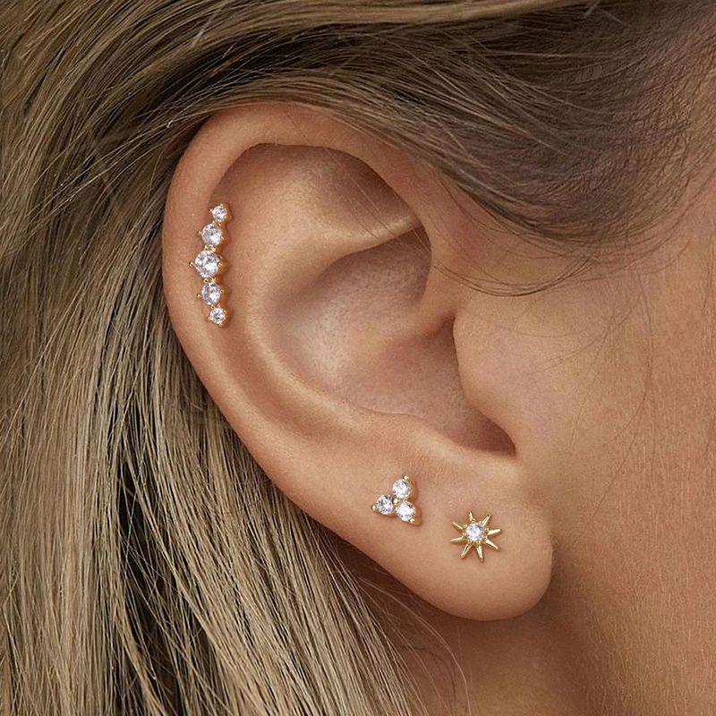 Hot Sales Real Gold Brass Electroplating Simple And Exquisite Small Eight Pointed Star Three Petal Leaf Earrings Three Piece Set_voghion.com