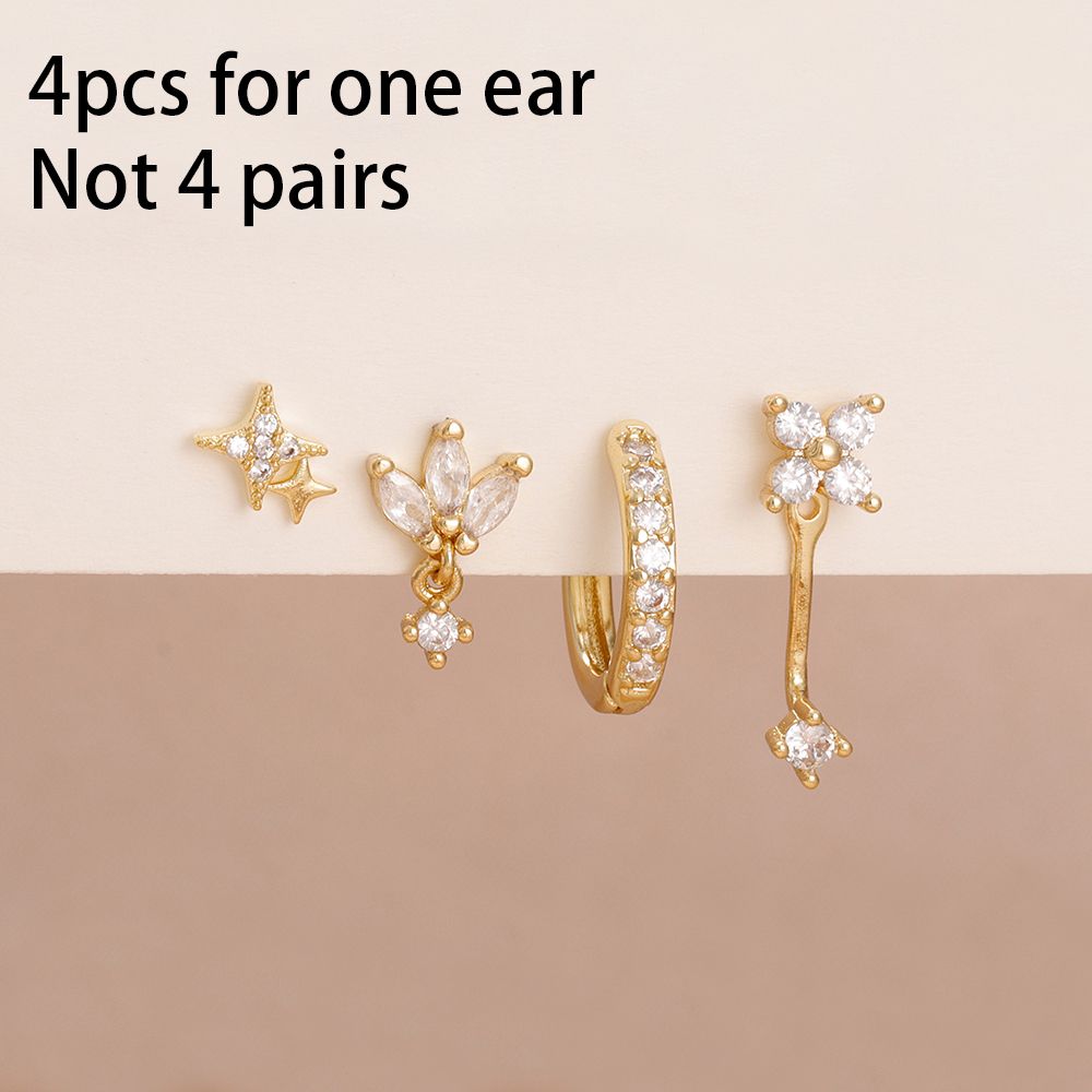 Set di 4 orecchini a cerchio piccoli con stella e luna e fiore in zircone per donna, orecchini pendenti Huggies in acciaio inossidabile, gioielli Aretes_voghion.com