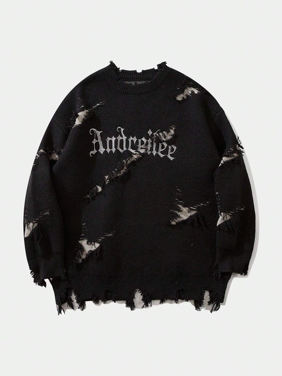 Unisex trui met distressed letters en grafische print – oversized, donkere esthetische trui voor streetwear en grunge-mode (zwart/grijs/crème, M-XL)_voghion.com