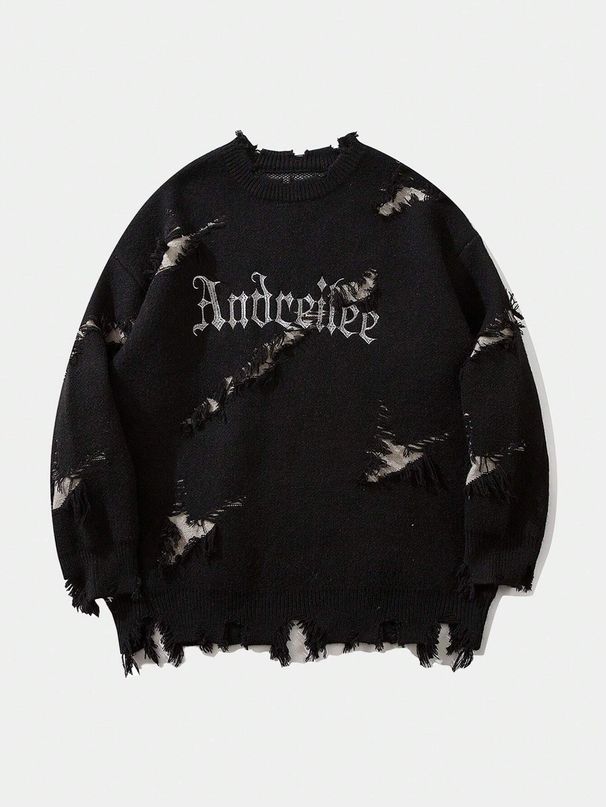 Unisex trui met distressed letters en grafische print – oversized, donkere esthetische trui voor streetwear en grunge-mode (zwart/grijs/crème, M-XL)_voghion.com