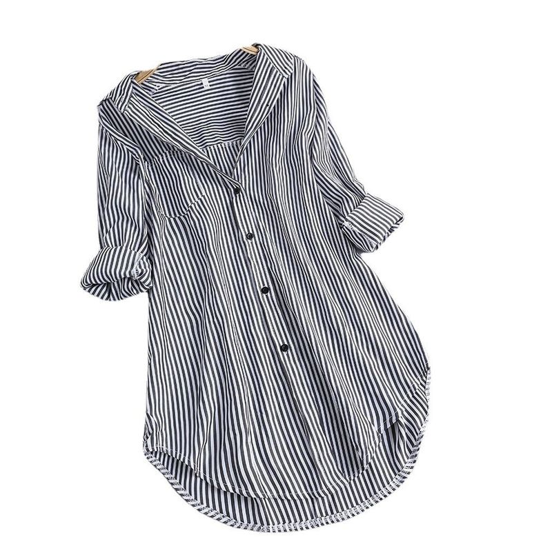 Camicia ampia da donna con colletto inferiore a maniche lunghe a righe chic_voghion.com