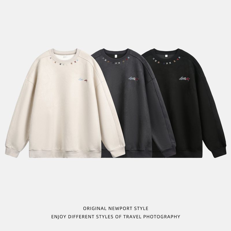 Sweat-shirt ras du cou brodé en daim – Pull rétro à empiècements structurés (S-XXXL, 96 % polyester/4 % élasthanne, 380 g/m²)_voghion.com