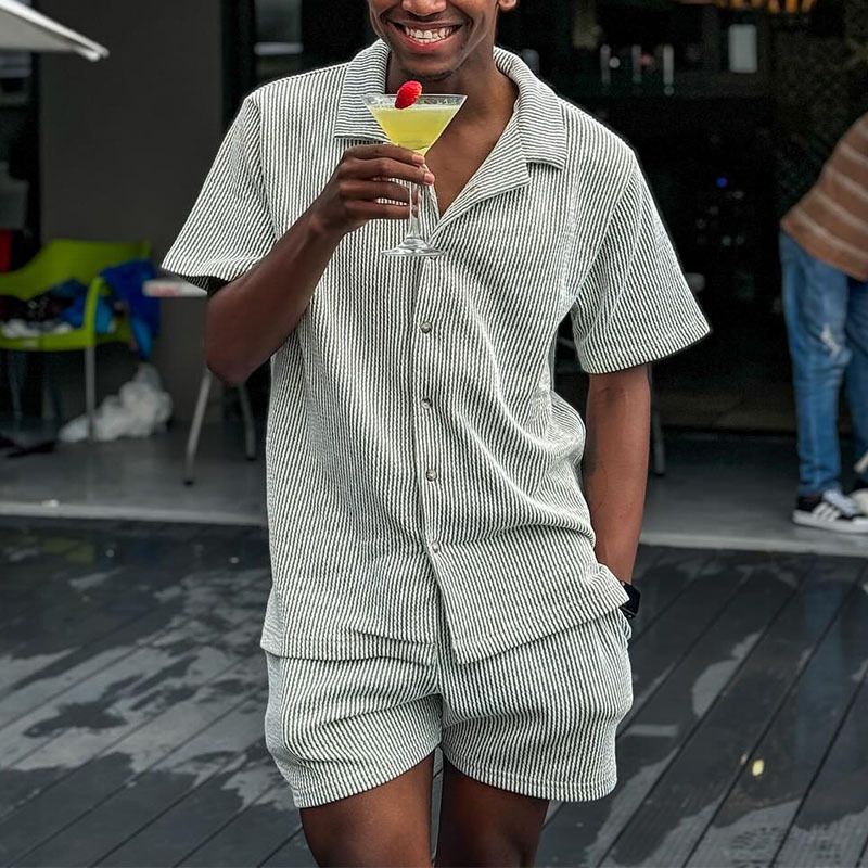 Men's casual striped suit two-piece set sleeve Hawaii short sleeved shorts _voghion.com