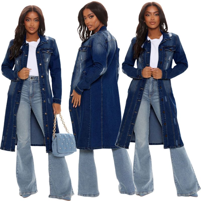 Vestido largo rasgado del cabo del vaquero de la rebeca de la gabardina del vaquero de la manga de las mujeres de la moda_voghion.com