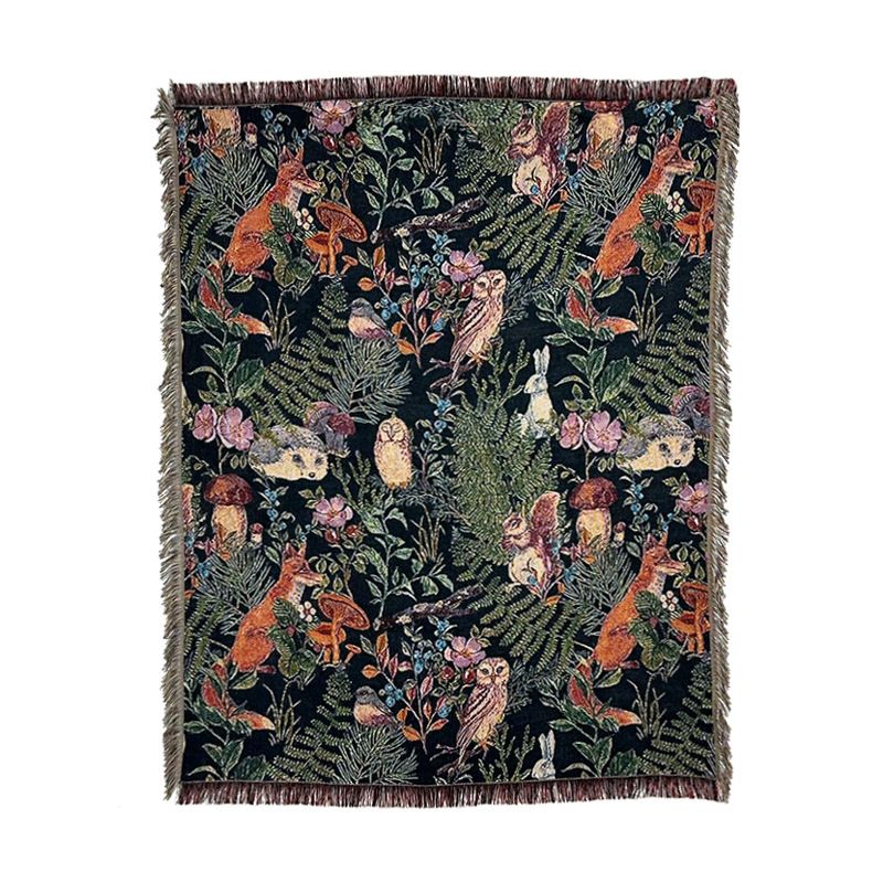 Coperta decorativa da divano con motivo in stile foresta da campeggio, grammatura elevata, con bordo a nappa, arazzo multifunzionale_voghion.com