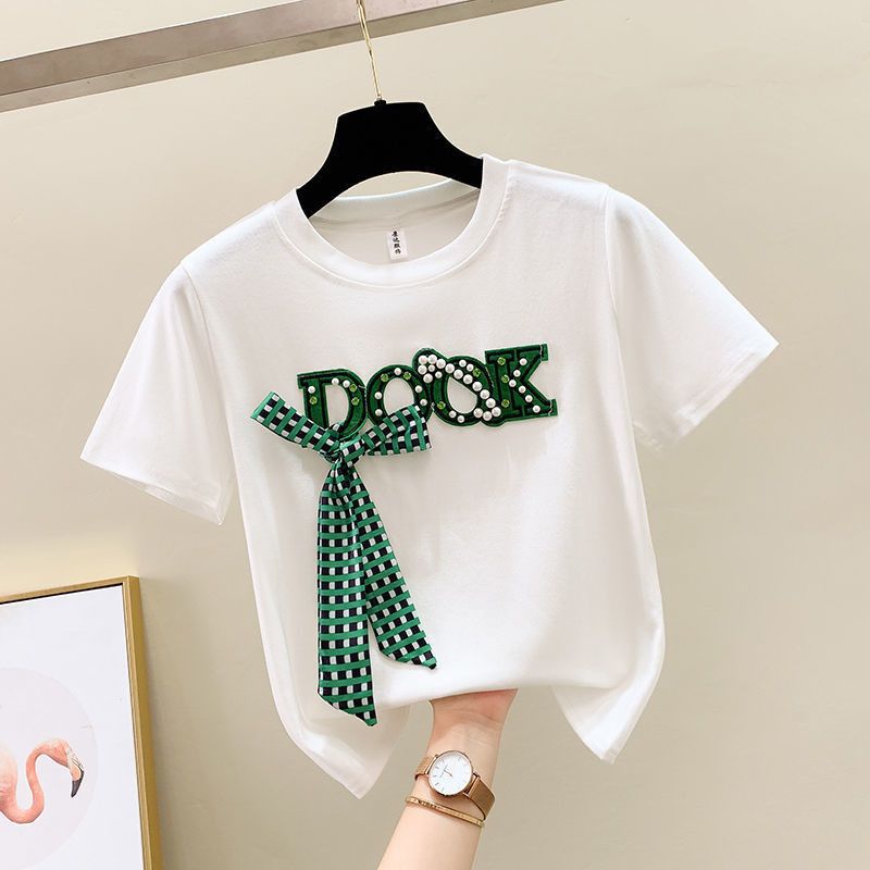 T-shirt à manches courtes avec nœud perlé et jupe en jean fendue à bords bruts, vêtements pour femmes, nouvelle collection_voghion.com
