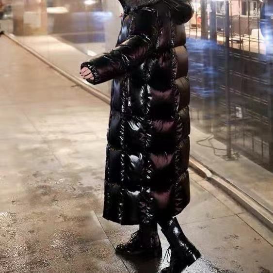 Giacca imbottita da donna Giacca calda giacca imbottita sopra il ginocchio giacca imbottita lunga nera con colletto in pelliccia super spessa e luminosa_voghion.com