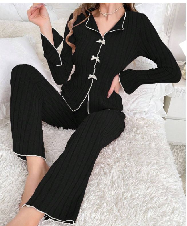 New Autumn Winter Turn-down Collar Sleeve Long Pants Women's Pajama Set Loungewear_voghion.com