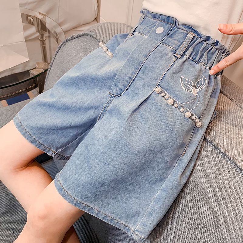 Fish Tail Pearl Denim Poletje 2024 New Middle and Big Boys Girls Korean Edition Thin Internet Rdeče kratke hlače_voghion.com