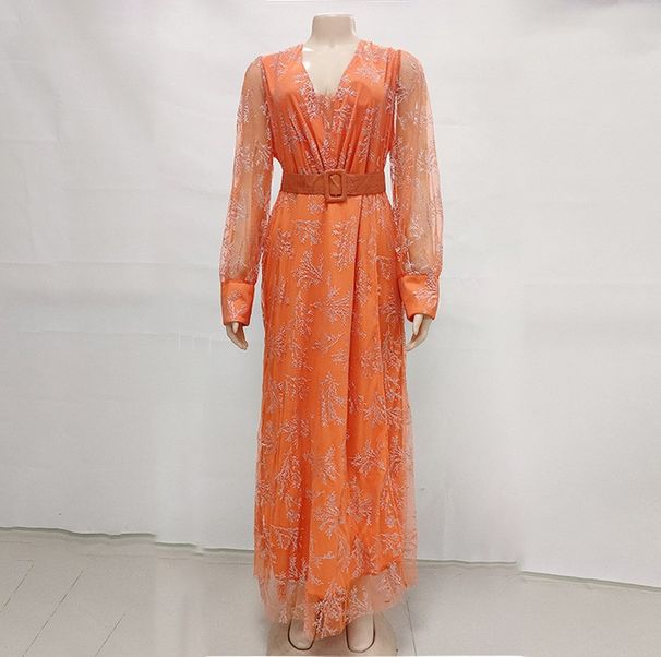 Women's Plus Size Women's Clothing Printed V-Neck Temperament Commuting Loose High Waist Long Skirt Dress with Free Belt_voghion.com